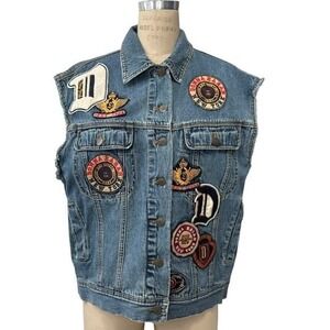Vintage DKNY Denim Vest Patches Large Red DKNY Logo Sleeveless Trucker 90's